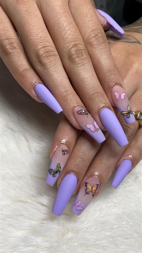 matte nails purple|light purple nails with butterflies.